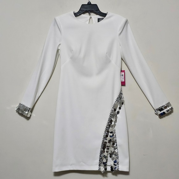 Vince Camuto Dresses & Skirts - Vince Camuto Dress 6 Fits Small White Round Neck Long Sleeves Sequin Slit 0756